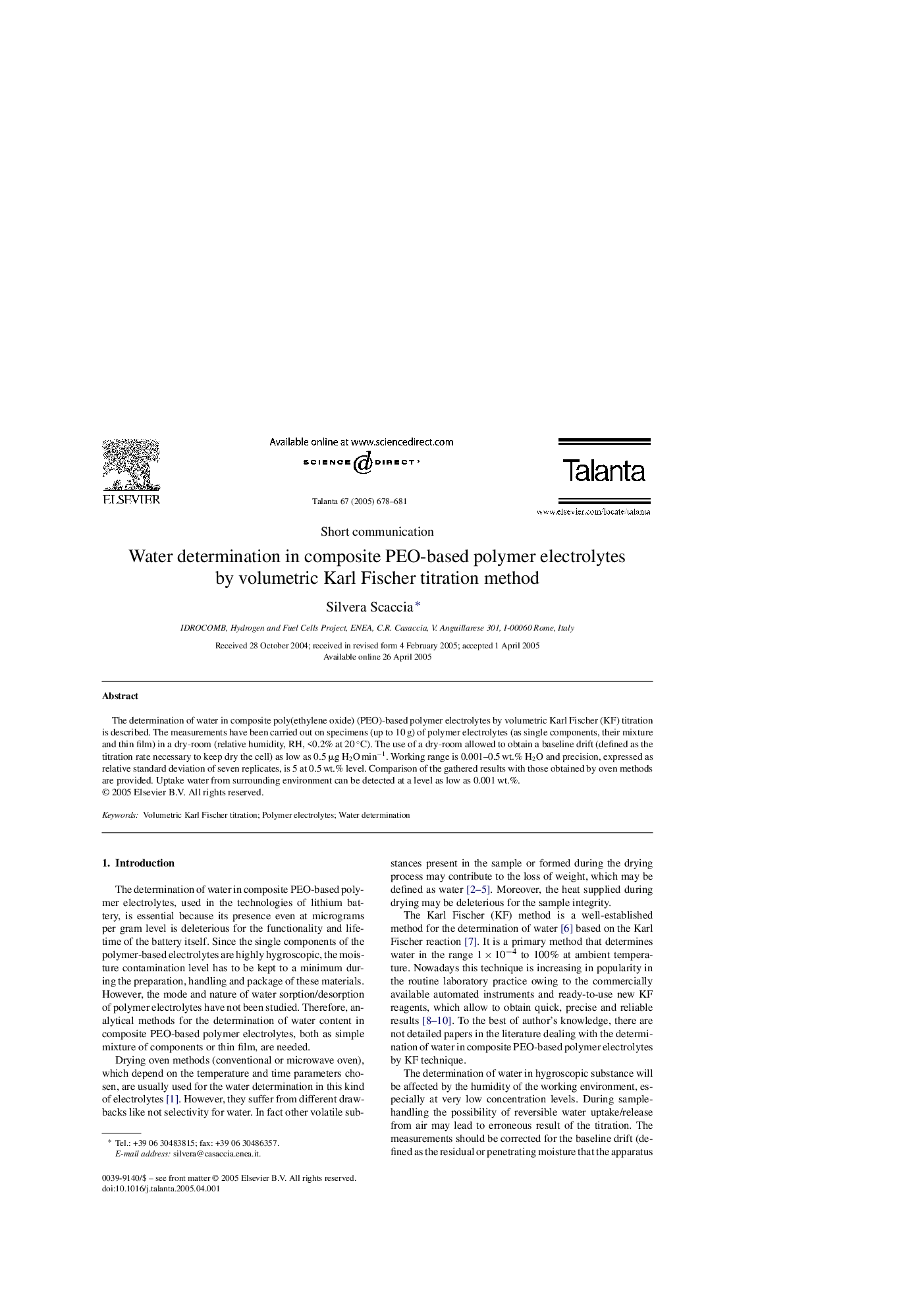 Water determination in composite PEO-based polymer electrolytes by volumetric Karl Fischer titration method