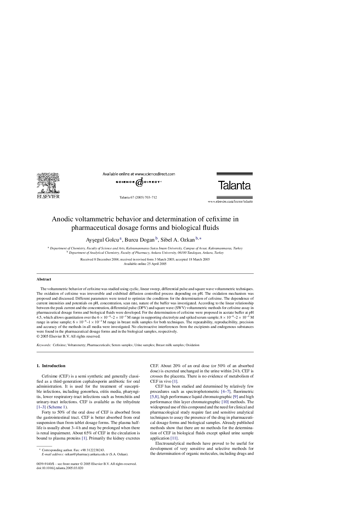 Anodic voltammetric behavior and determination of cefixime in pharmaceutical dosage forms and biological fluids