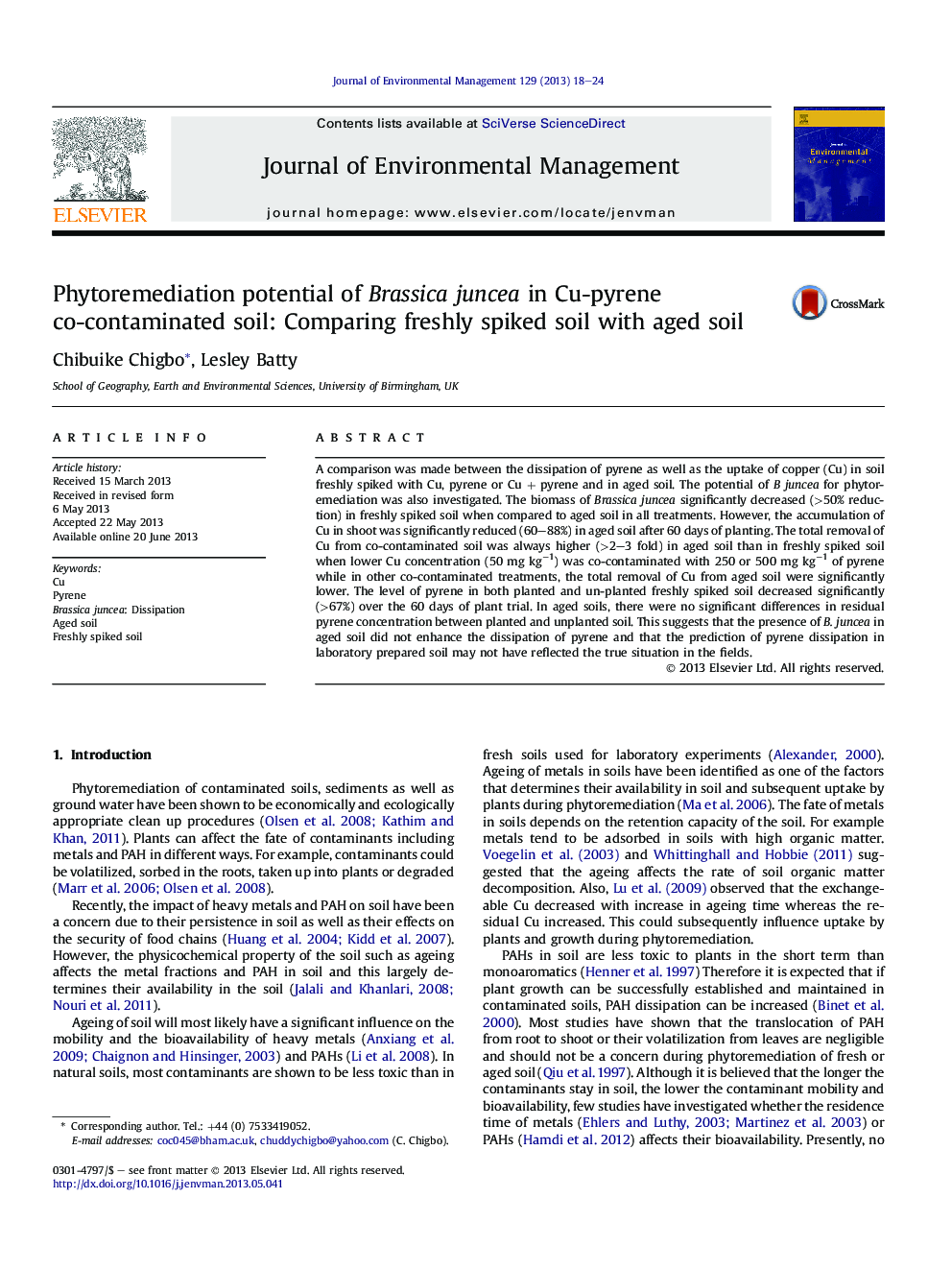 Phytoremediation potential of Brassica juncea in Cu-pyrene co-contaminated soil: Comparing freshly spiked soil with aged soil