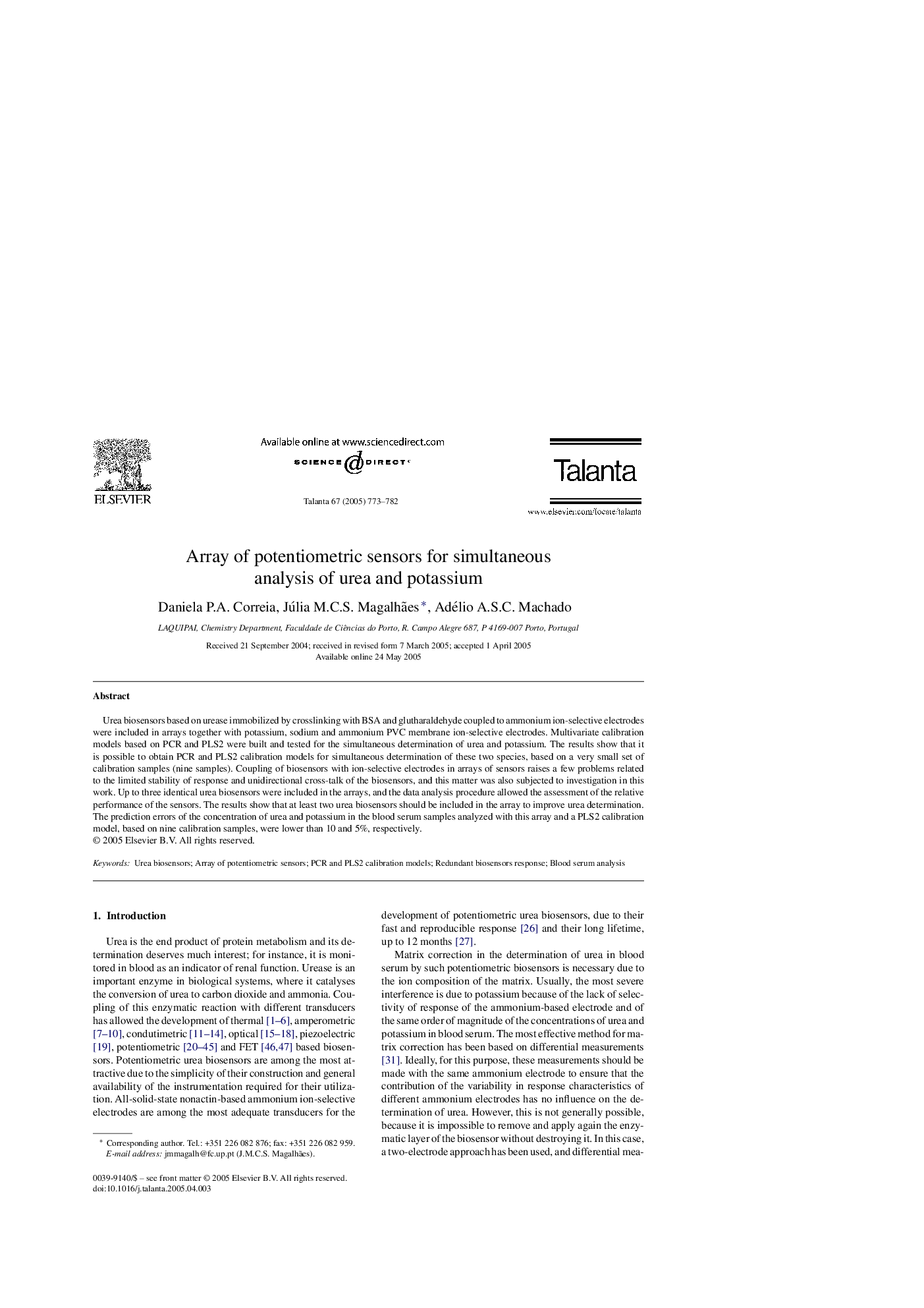 Array of potentiometric sensors for simultaneous analysis of urea and potassium