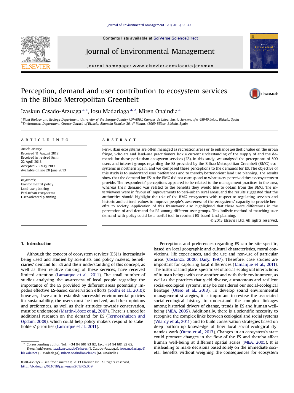 Perception, demand and user contribution to ecosystem services in the Bilbao Metropolitan Greenbelt