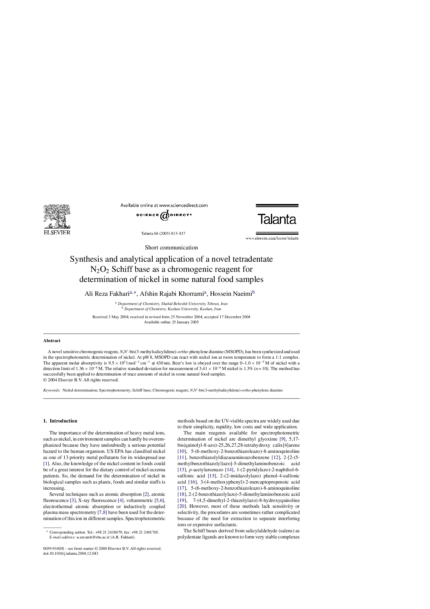 Synthesis and analytical application of a novel tetradentate N2O2 Schiff base as a chromogenic reagent for determination of nickel in some natural food samples