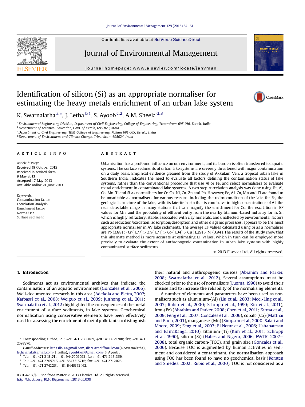 Identification of silicon (Si) as an appropriate normaliser for estimating the heavy metals enrichment of an urban lake system