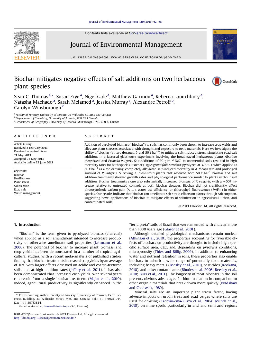 Biochar mitigates negative effects of salt additions on two herbaceous plant species