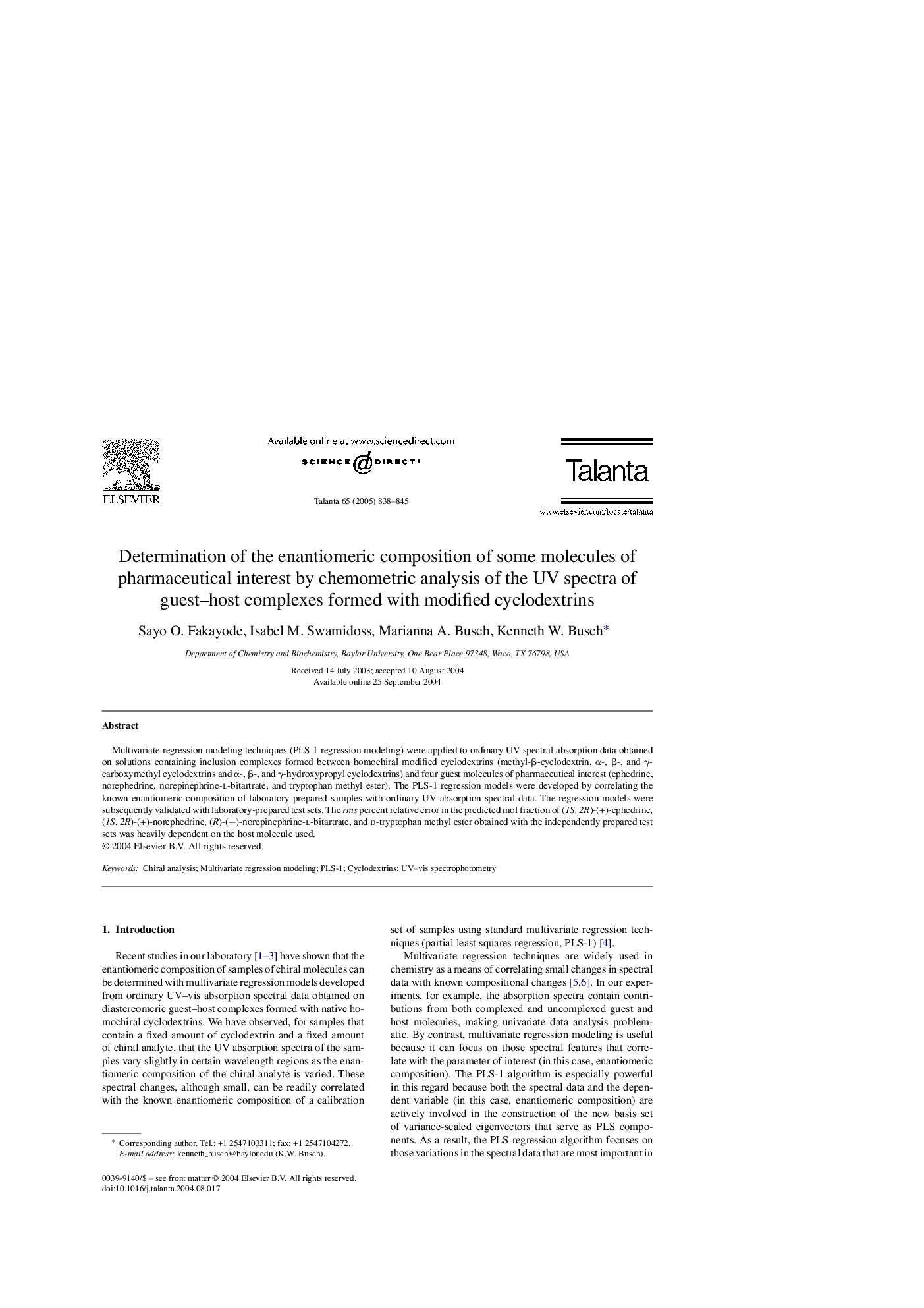 Determination of the enantiomeric composition of some molecules of pharmaceutical interest by chemometric analysis of the UV spectra of guest-host complexes formed with modified cyclodextrins