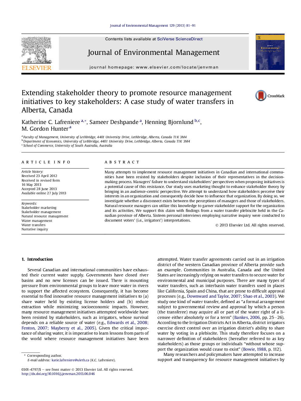 Extending stakeholder theory to promote resource management initiatives to key stakeholders: A case study of water transfers in Alberta, Canada