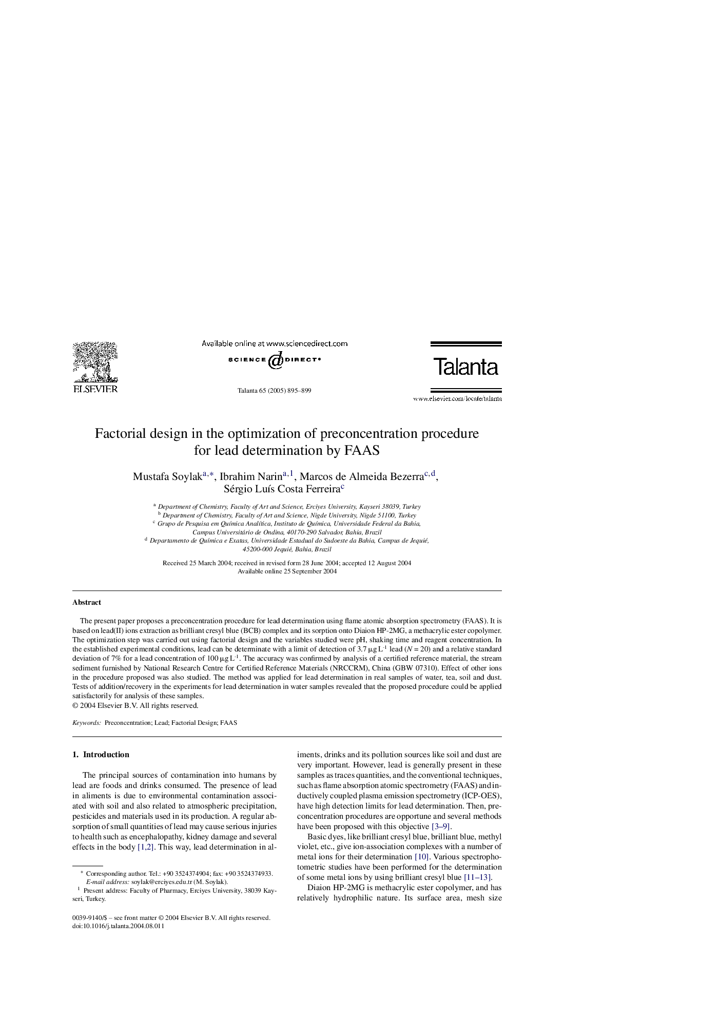 Factorial design in the optimization of preconcentration procedure for lead determination by FAAS