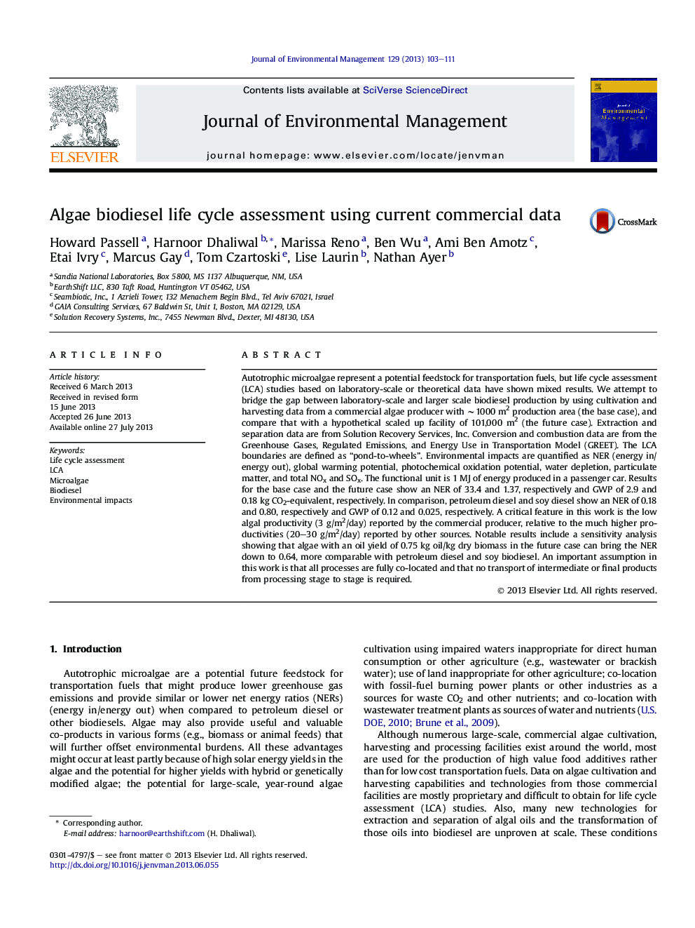 Algae biodiesel life cycle assessment using current commercial data