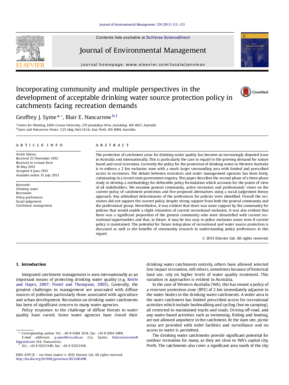 Incorporating community and multiple perspectives in the development of acceptable drinking water source protection policy in catchments facing recreation demands