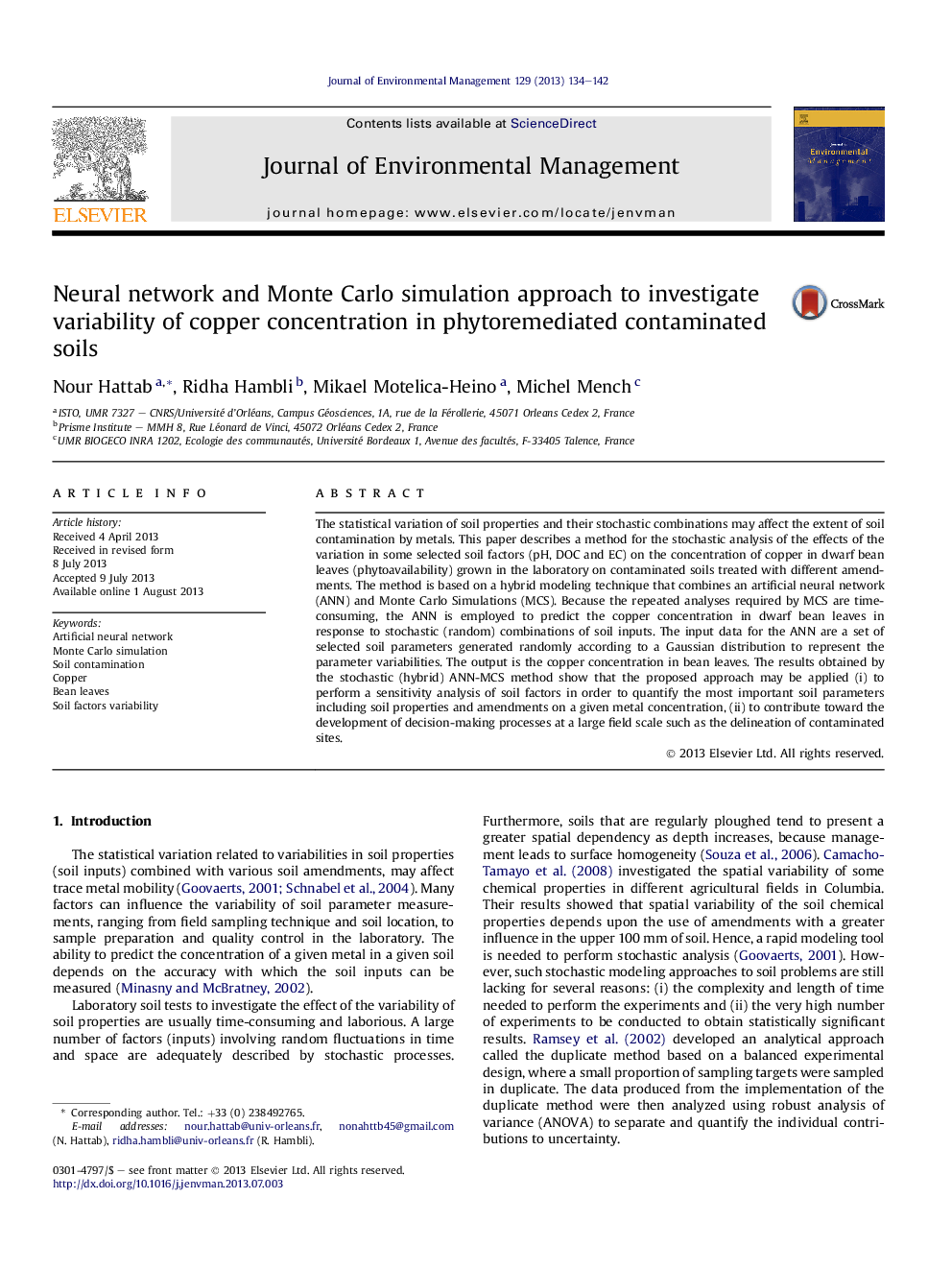 Neural network and Monte Carlo simulation approach to investigate variability of copper concentration in phytoremediated contaminated soils