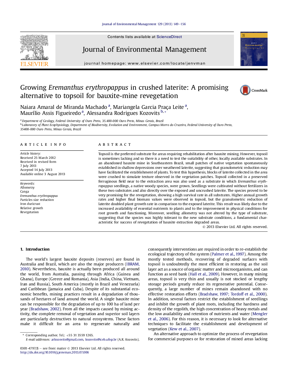 Growing Eremanthus erythropappus in crushed laterite: A promising alternative to topsoil for bauxite-mine revegetation