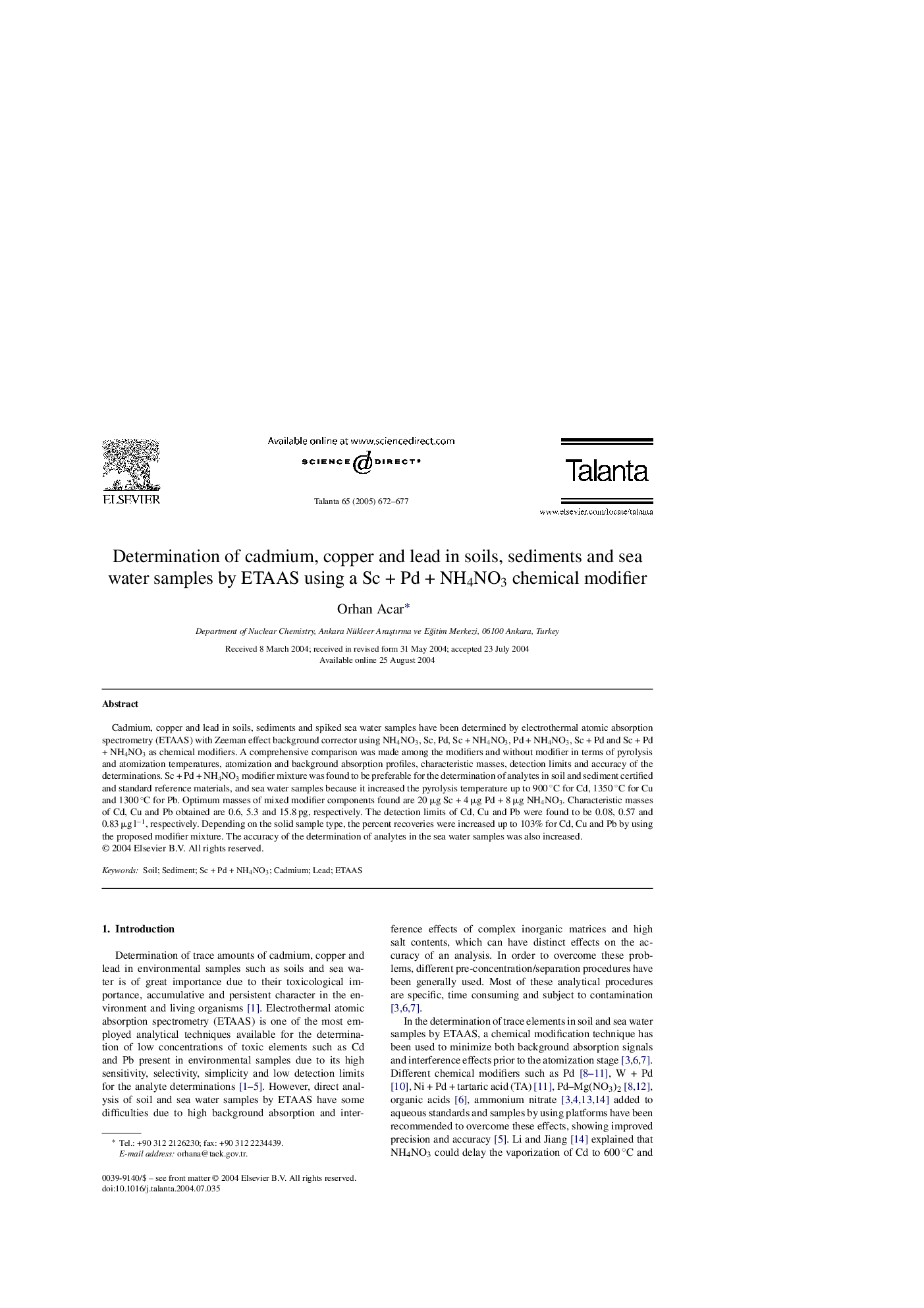 Determination of cadmium, copper and lead in soils, sediments and sea water samples by ETAAS using a Sc + Pd + NH4NO3 chemical modifier