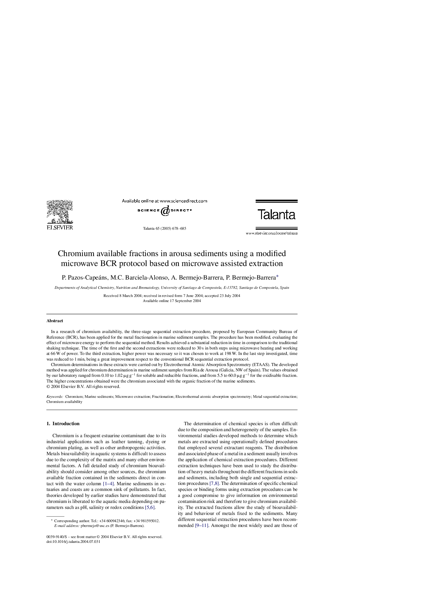 Chromium available fractions in arousa sediments using a modified microwave BCR protocol based on microwave assisted extraction