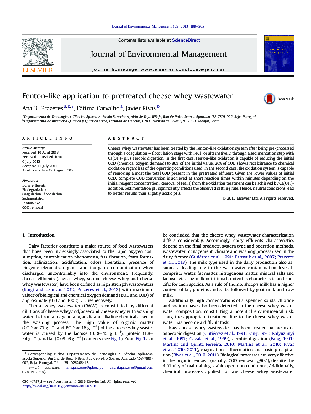 Fenton-like application to pretreated cheese whey wastewater