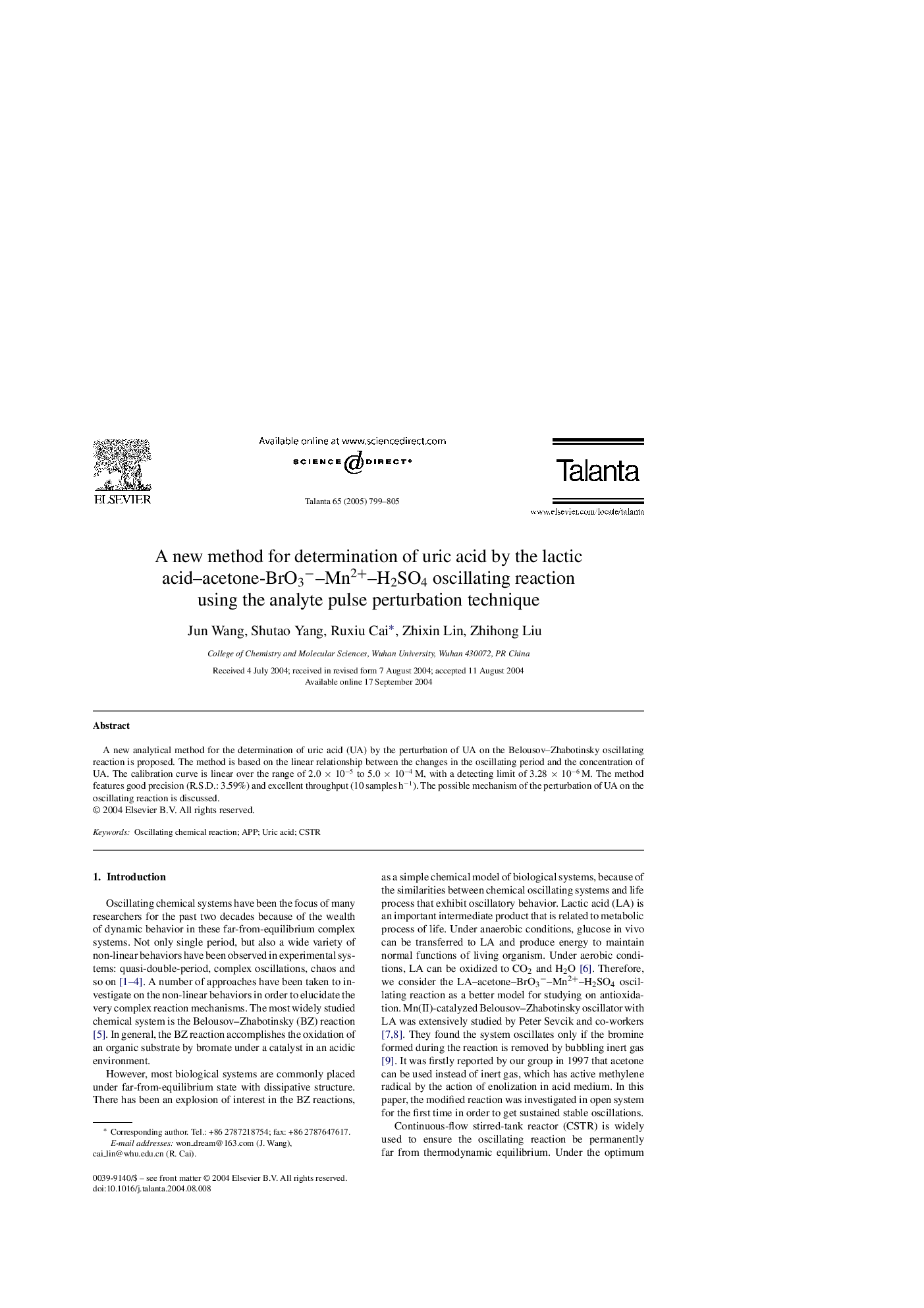 A new method for determination of uric acid by the lactic acid-acetone-BrO3â-Mn2+-H2SO4 oscillating reaction using the analyte pulse perturbation technique