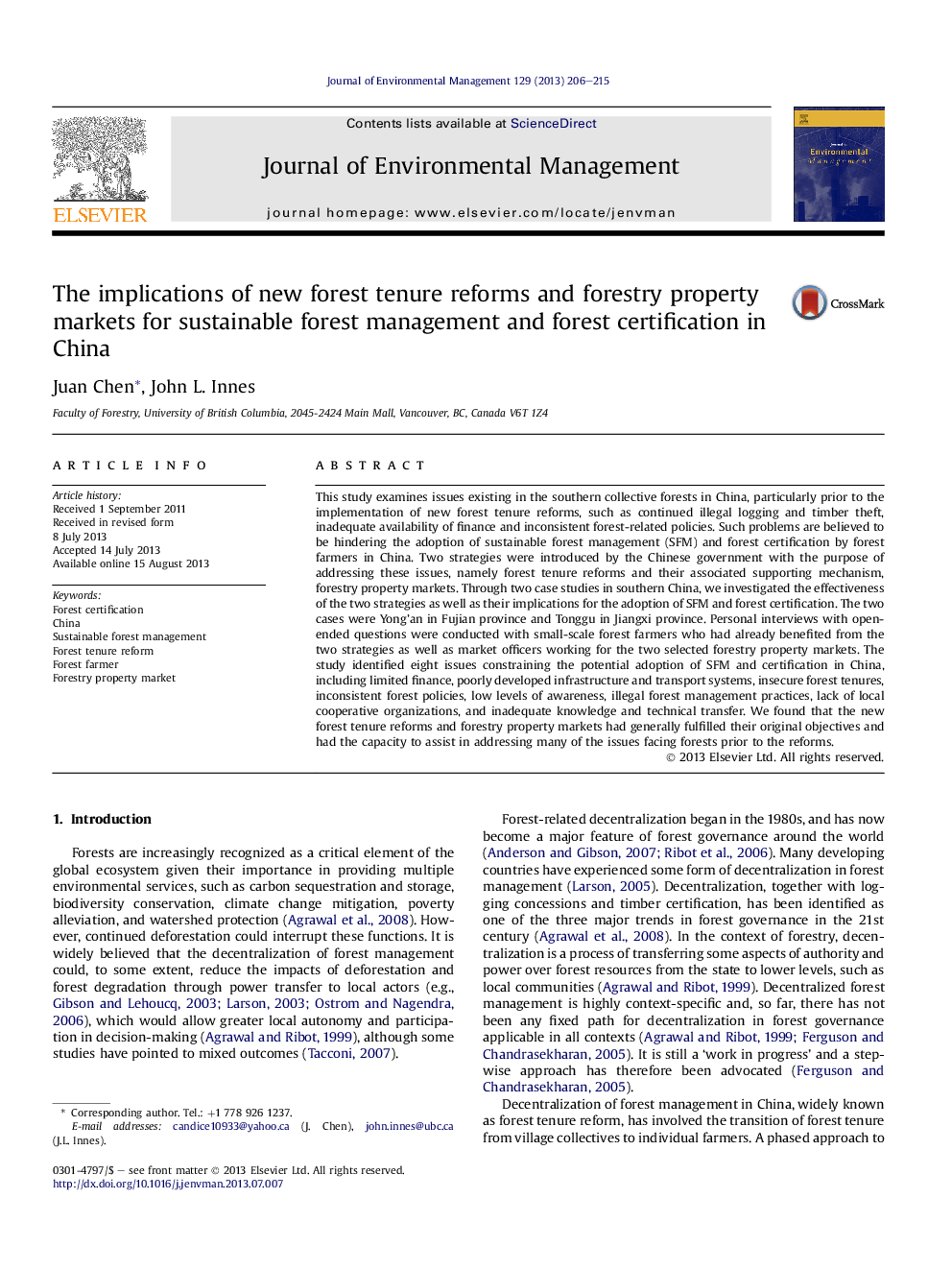 The implications of new forest tenure reforms and forestry property markets for sustainable forest management and forest certification in China