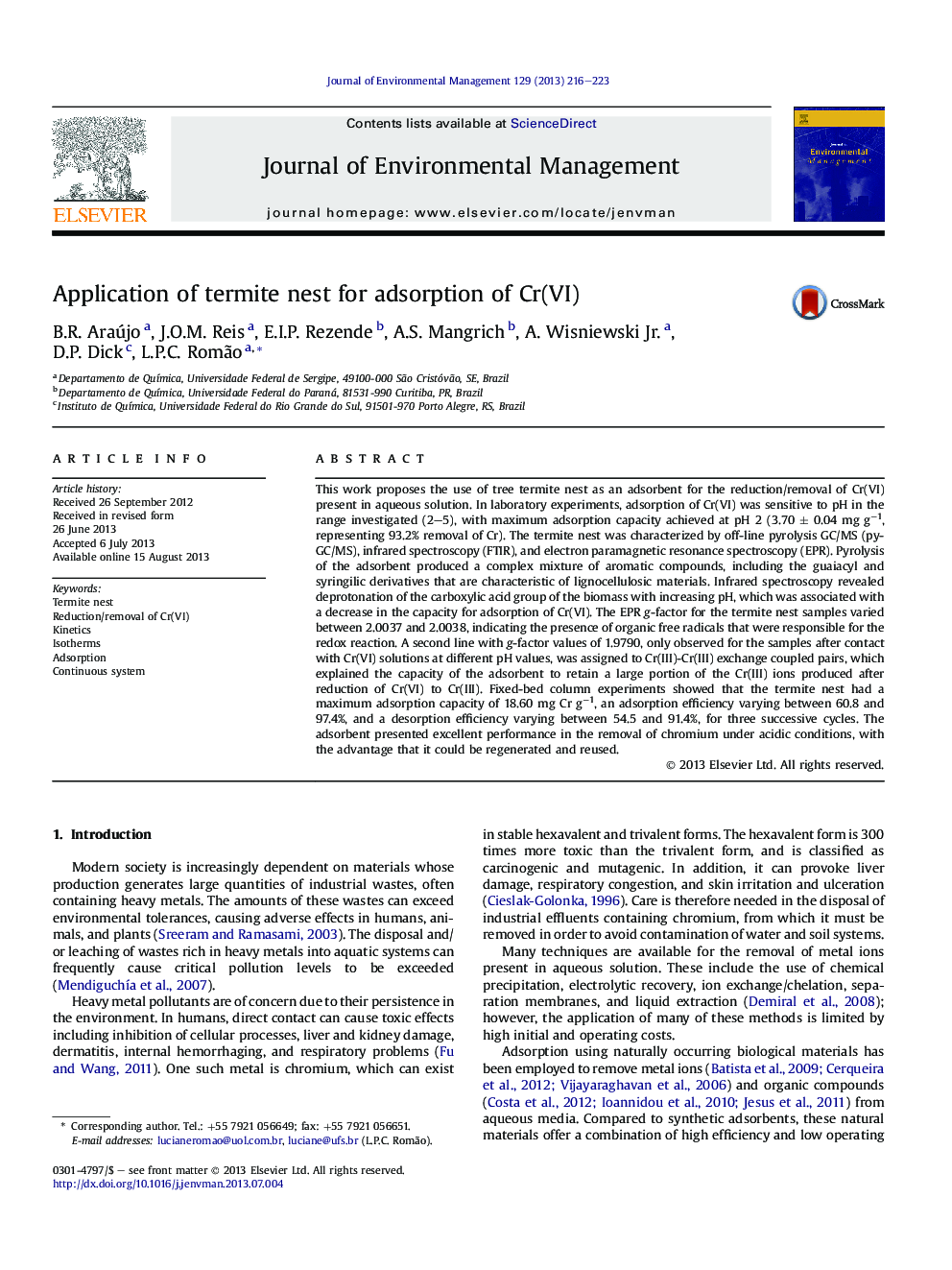 Application of termite nest for adsorption of Cr(VI)