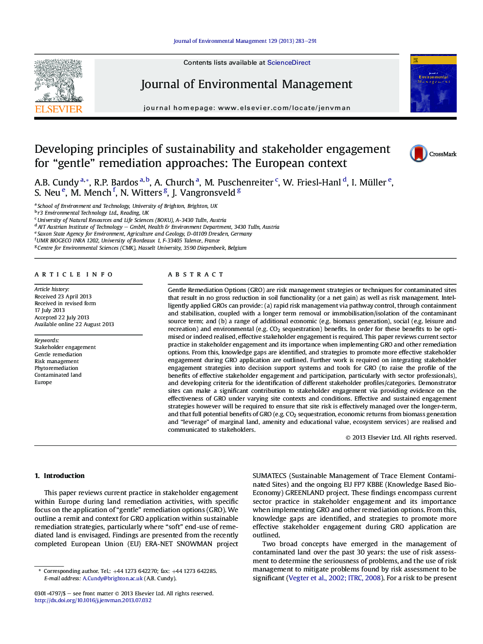 Developing principles of sustainability and stakeholder engagement for “gentle” remediation approaches: The European context