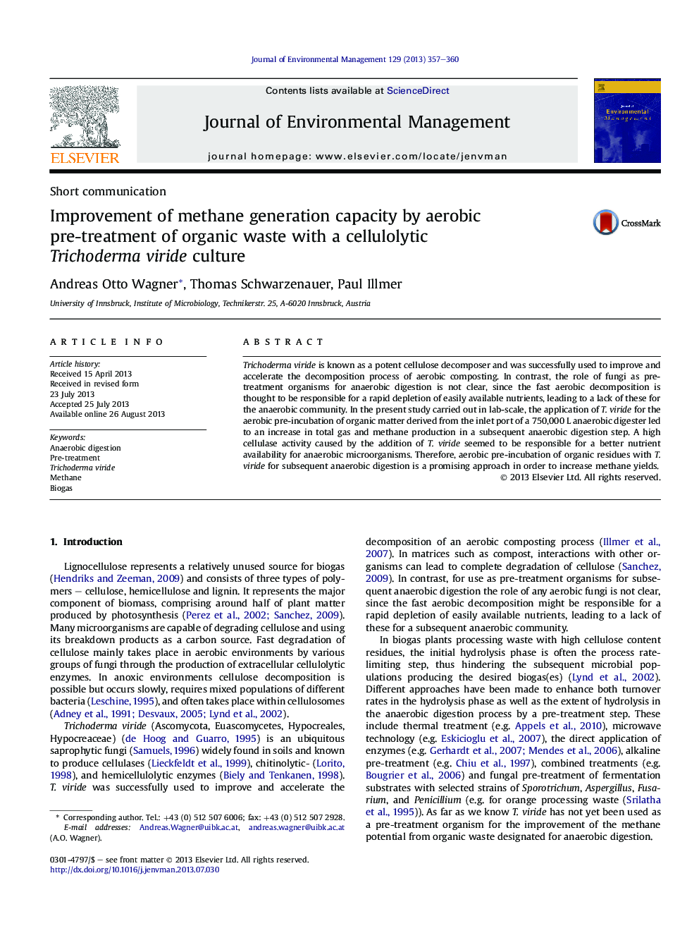 Improvement of methane generation capacity by aerobic pre-treatment of organic waste with a cellulolytic Trichoderma viride culture