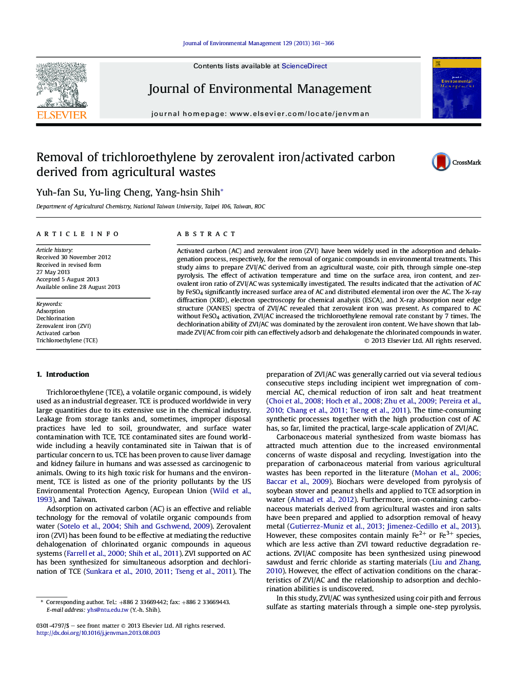 Removal of trichloroethylene by zerovalent iron/activated carbon derived from agricultural wastes