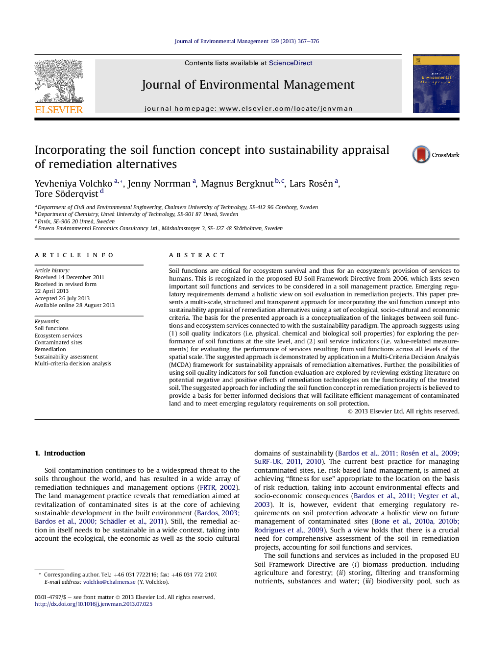 Incorporating the soil function concept into sustainability appraisal of remediation alternatives