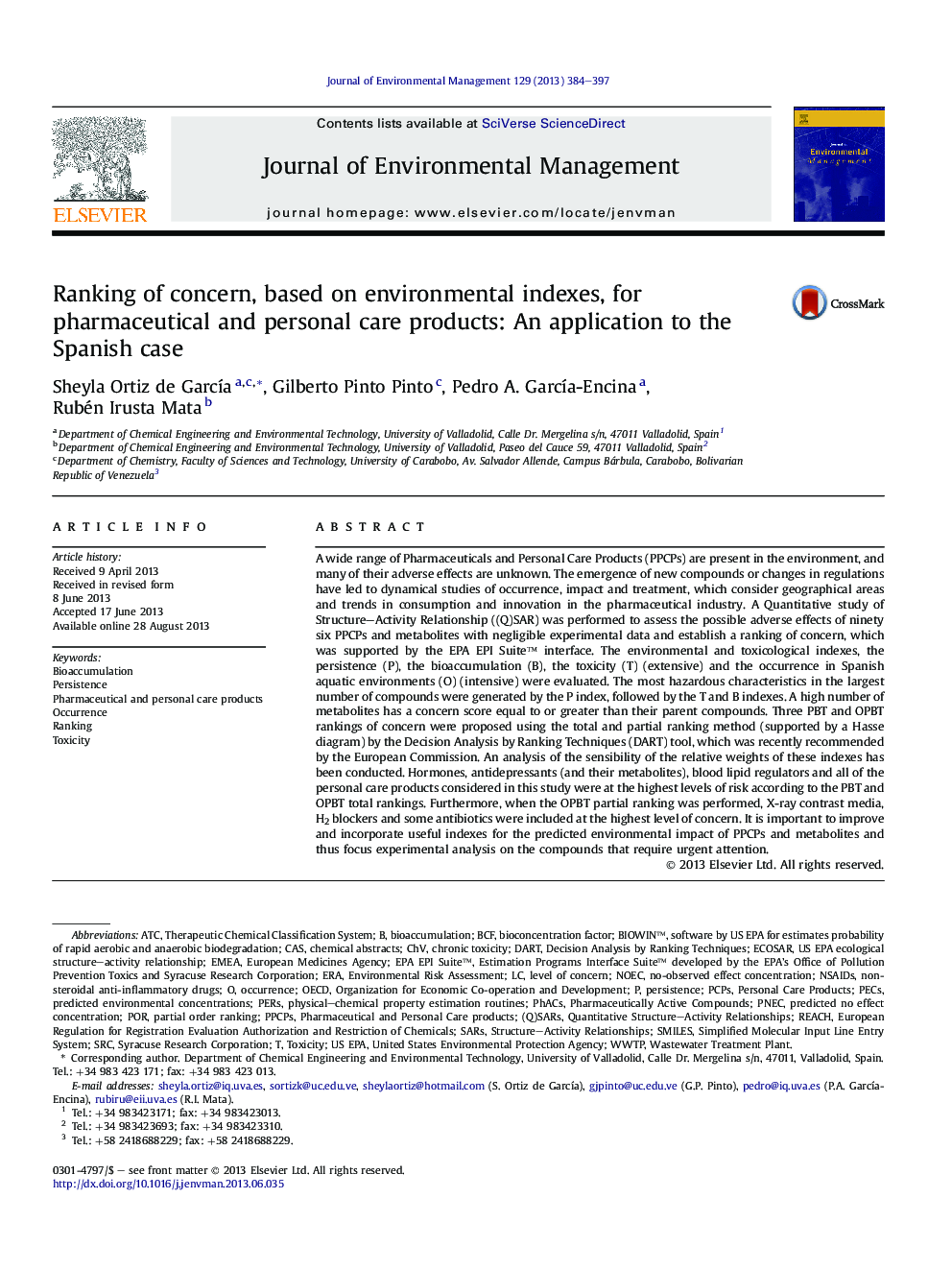 Ranking of concern, based on environmental indexes, for pharmaceutical and personal care products: An application to the Spanish case