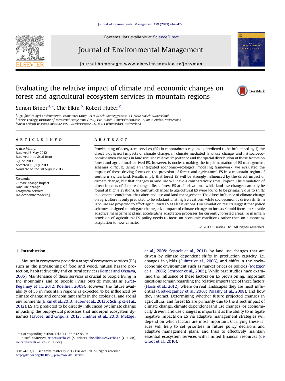 Evaluating the relative impact of climate and economic changes on forest and agricultural ecosystem services in mountain regions