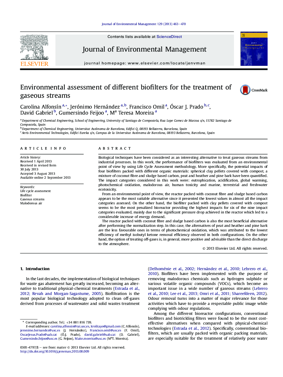Environmental assessment of different biofilters for the treatment of gaseous streams