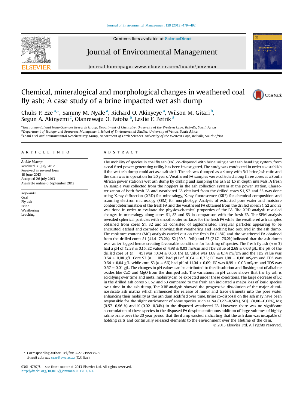 Chemical, mineralogical and morphological changes in weathered coal fly ash: A case study of a brine impacted wet ash dump