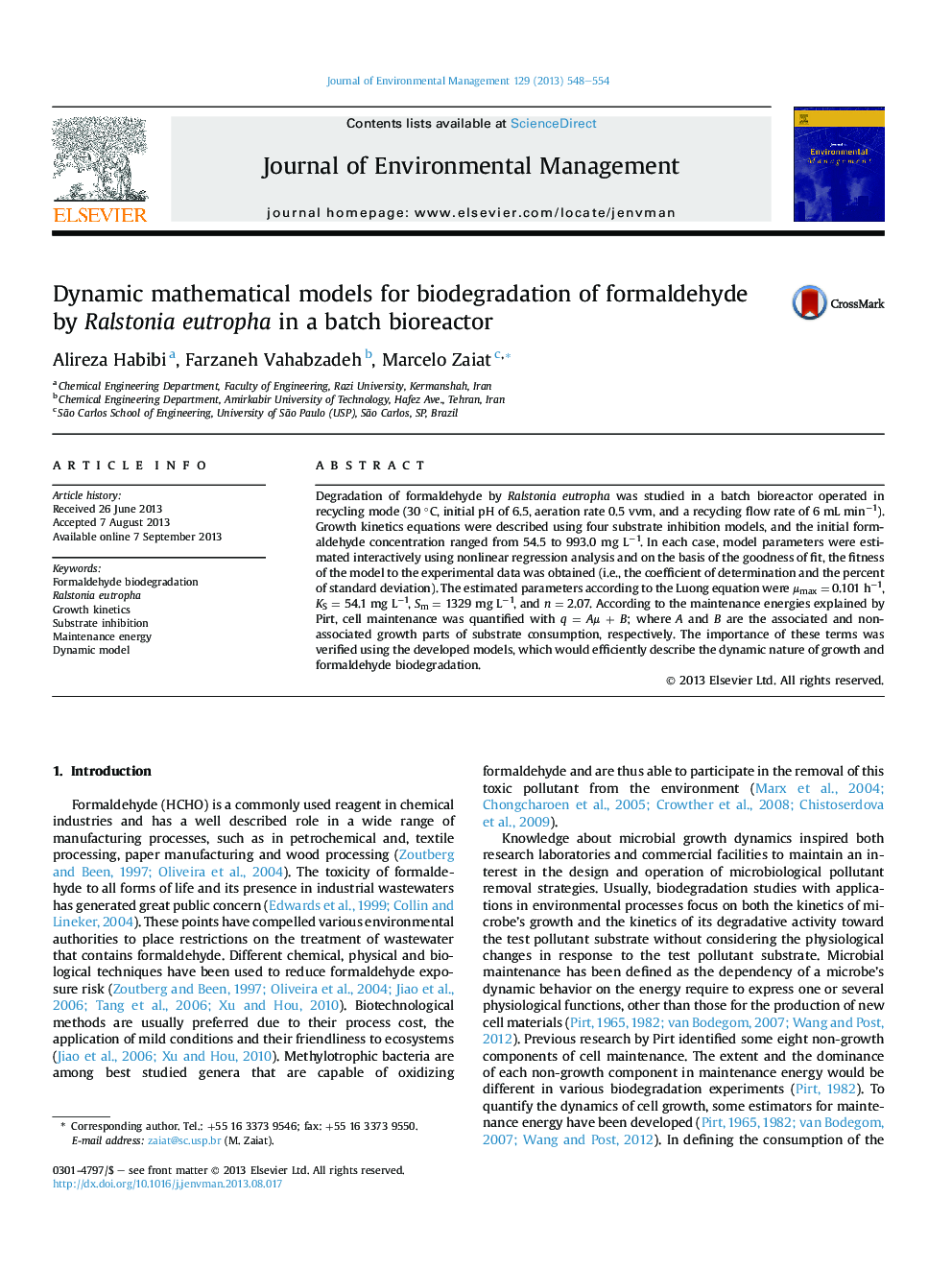 Dynamic mathematical models for biodegradation of formaldehyde by Ralstonia eutropha in a batch bioreactor