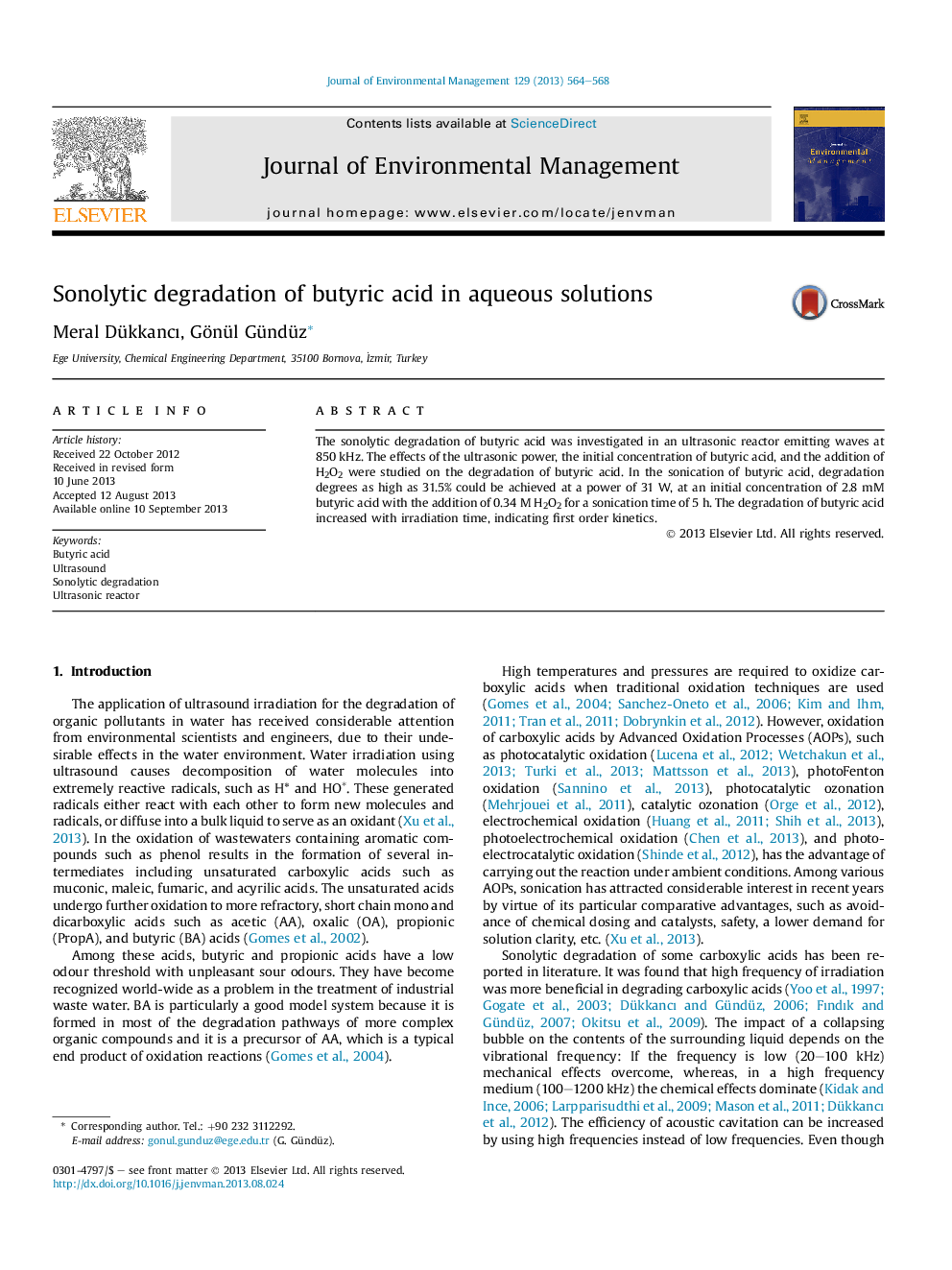 Sonolytic degradation of butyric acid in aqueous solutions