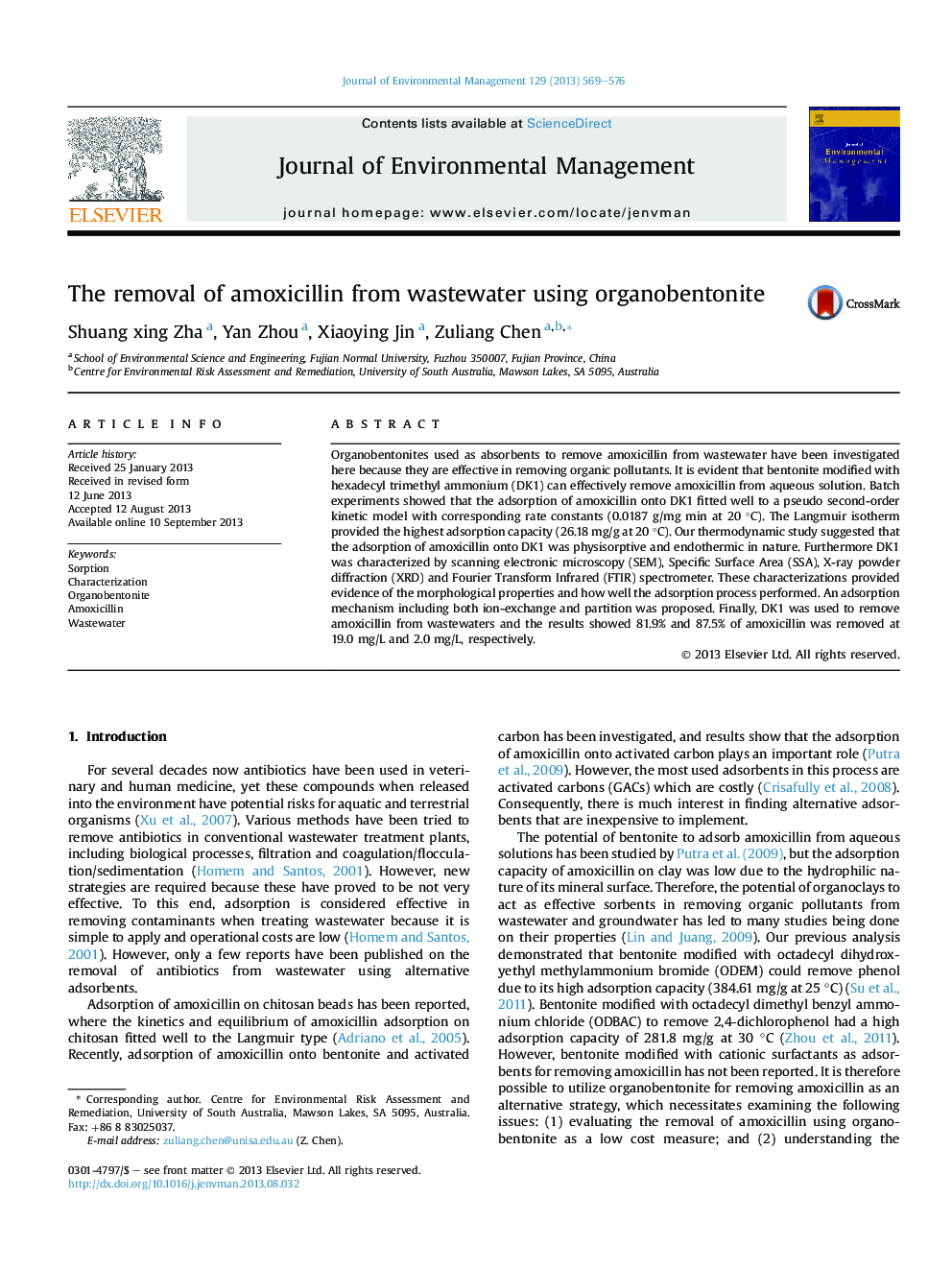 The removal of amoxicillin from wastewater using organobentonite