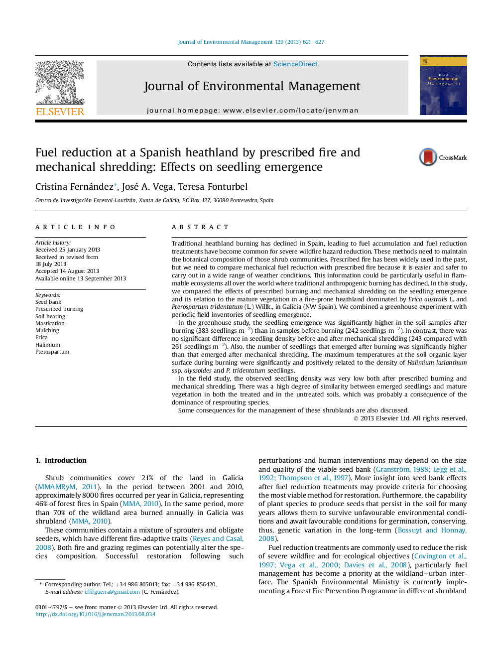 Fuel reduction at a Spanish heathland by prescribed fire and mechanical shredding: Effects on seedling emergence