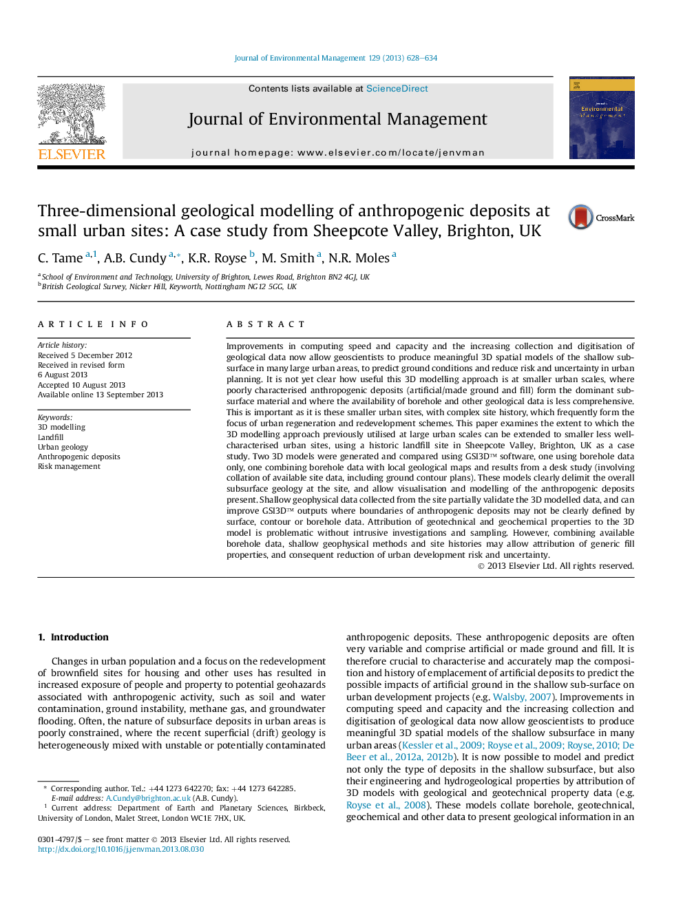 Three-dimensional geological modelling of anthropogenic deposits at small urban sites: A case study from Sheepcote Valley, Brighton, UK