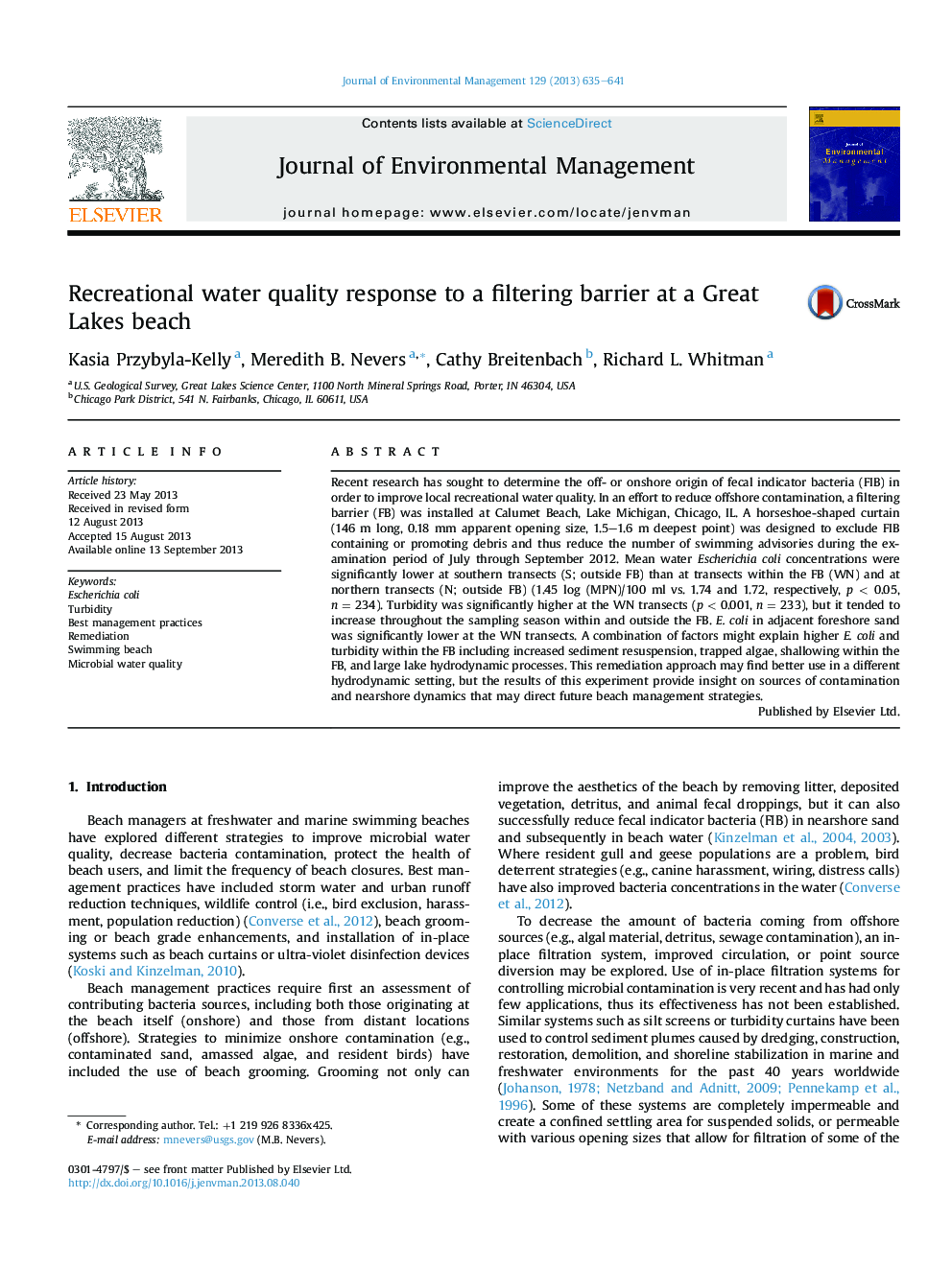 Recreational water quality response to a filtering barrier at a Great Lakes beach