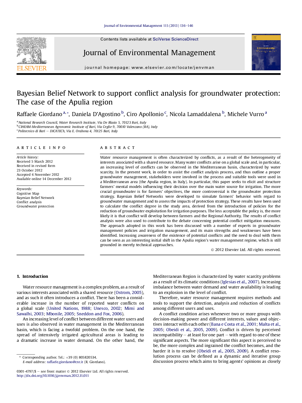 Bayesian Belief Network to support conflict analysis for groundwater protection: The case of the Apulia region