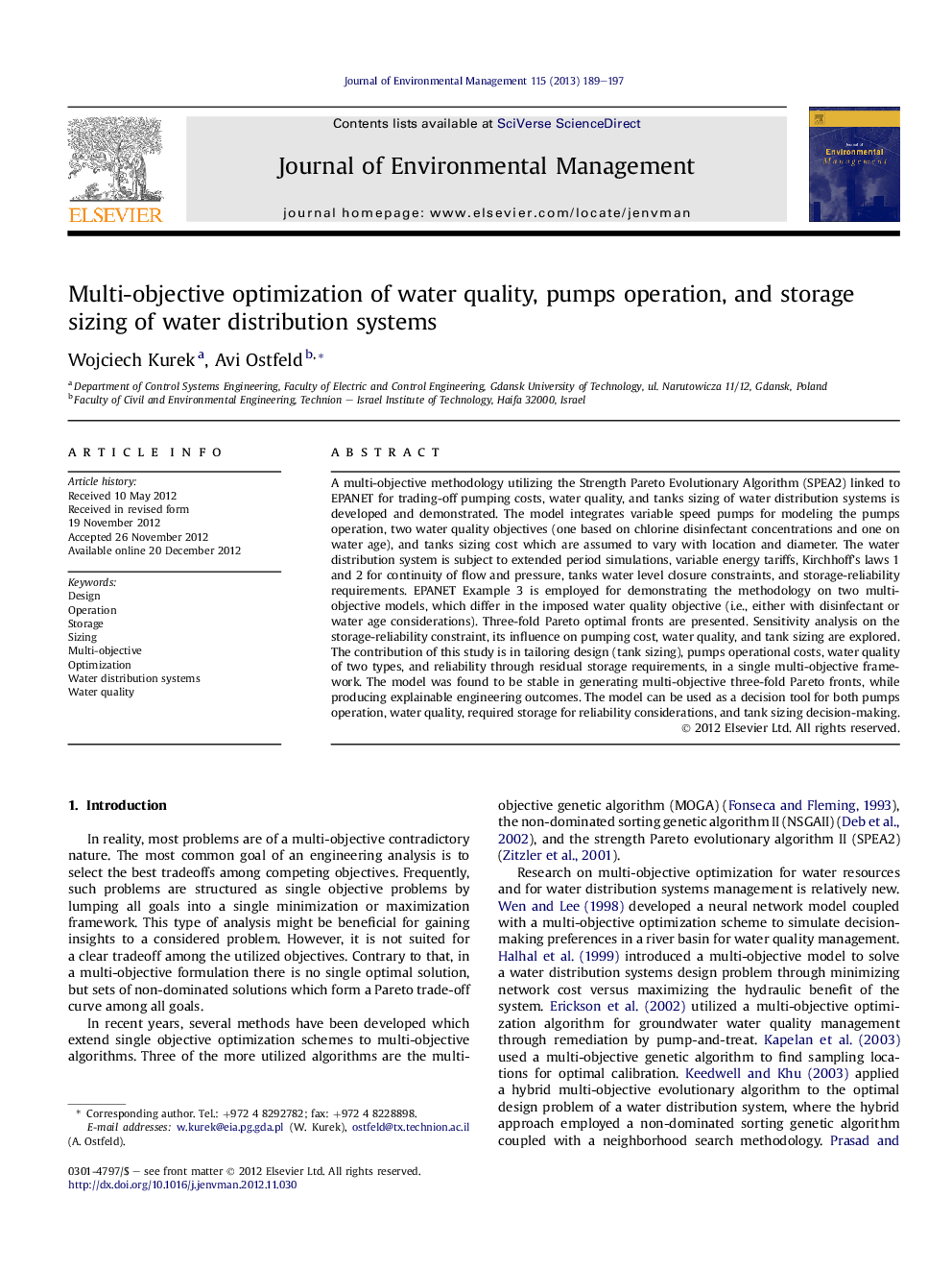 Multi-objective optimization of water quality, pumps operation, and storage sizing of water distribution systems