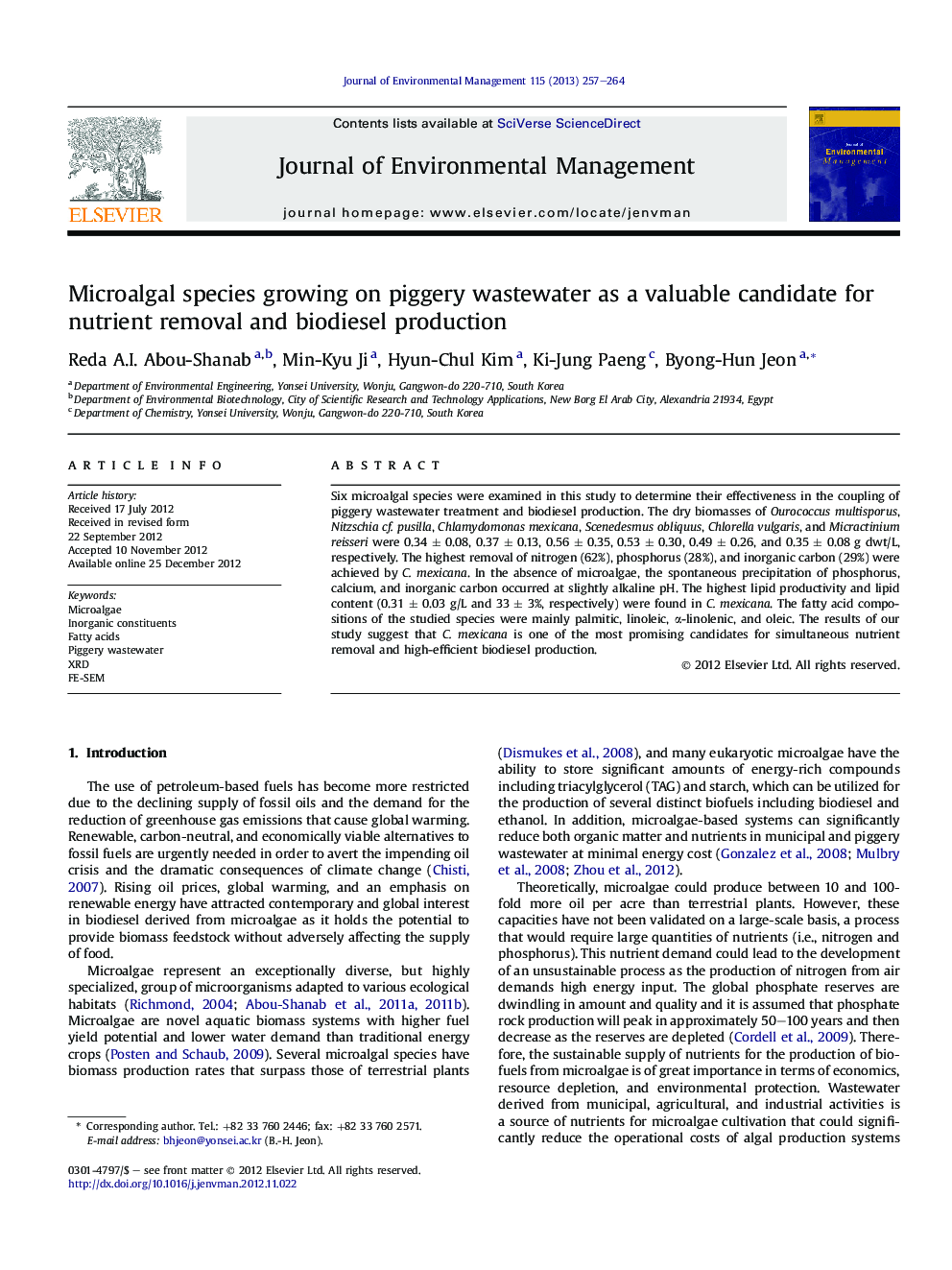 Microalgal species growing on piggery wastewater as a valuable candidate for nutrient removal and biodiesel production