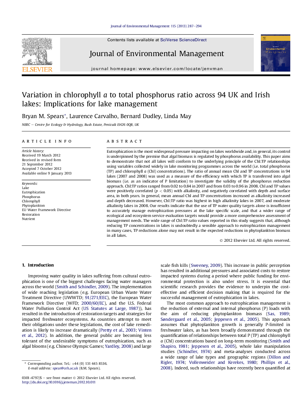 Variation in chlorophyll a to total phosphorus ratio across 94 UK and Irish lakes: Implications for lake management