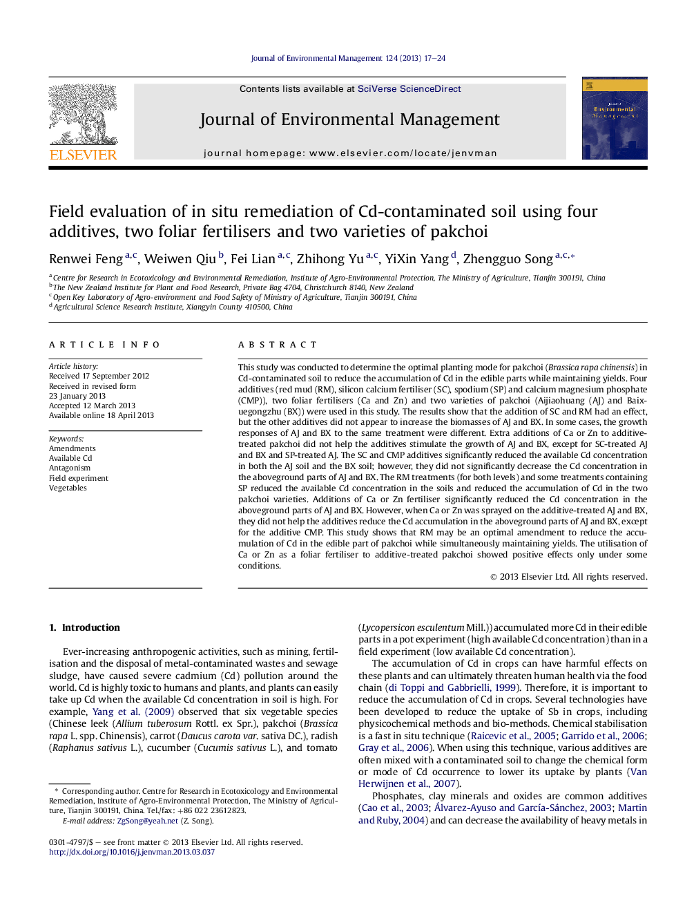 Field evaluation of in situ remediation of Cd-contaminated soil using four additives, two foliar fertilisers and two varieties of pakchoi