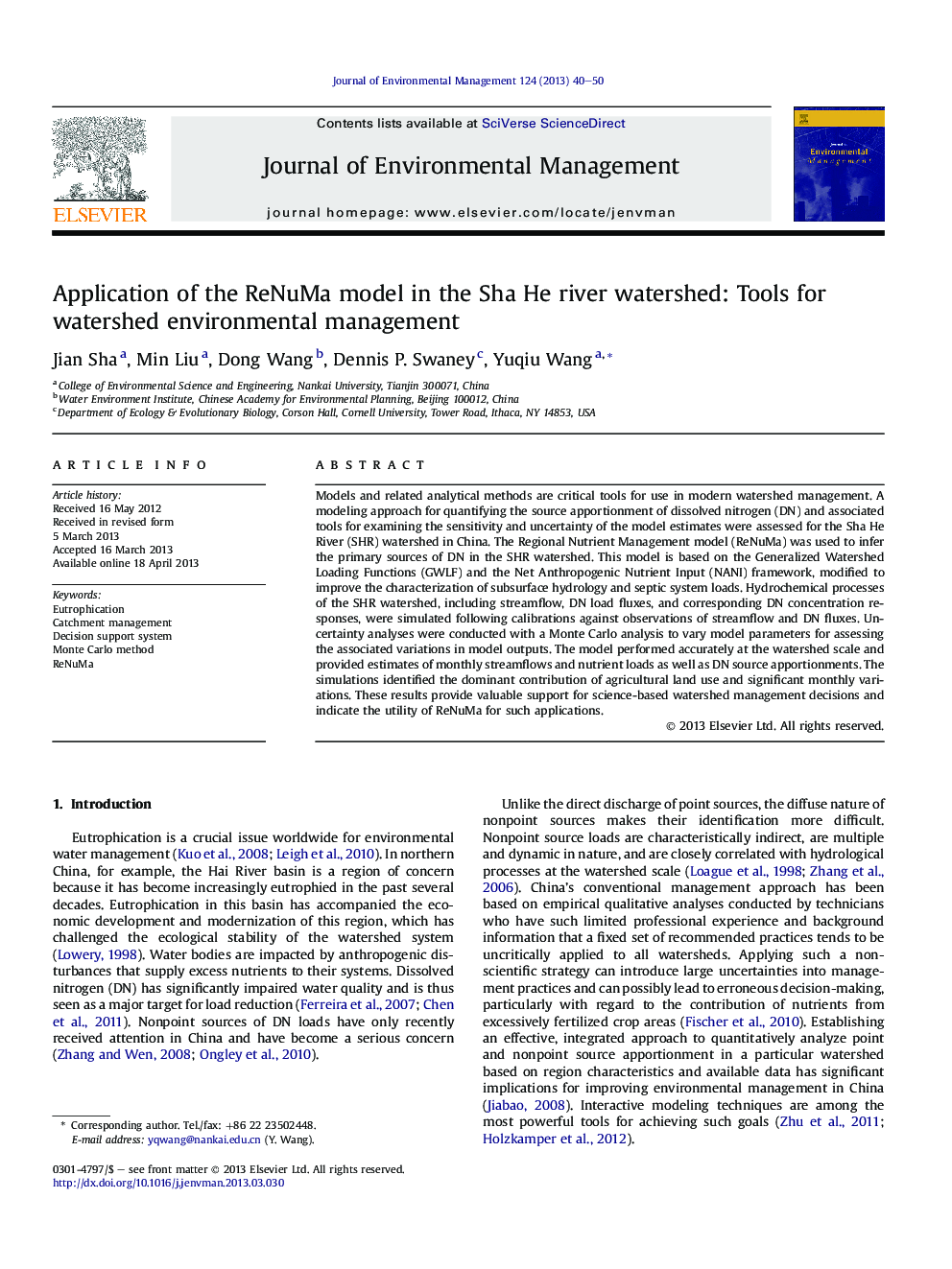 Application of the ReNuMa model in the Sha He river watershed: Tools for watershed environmental management