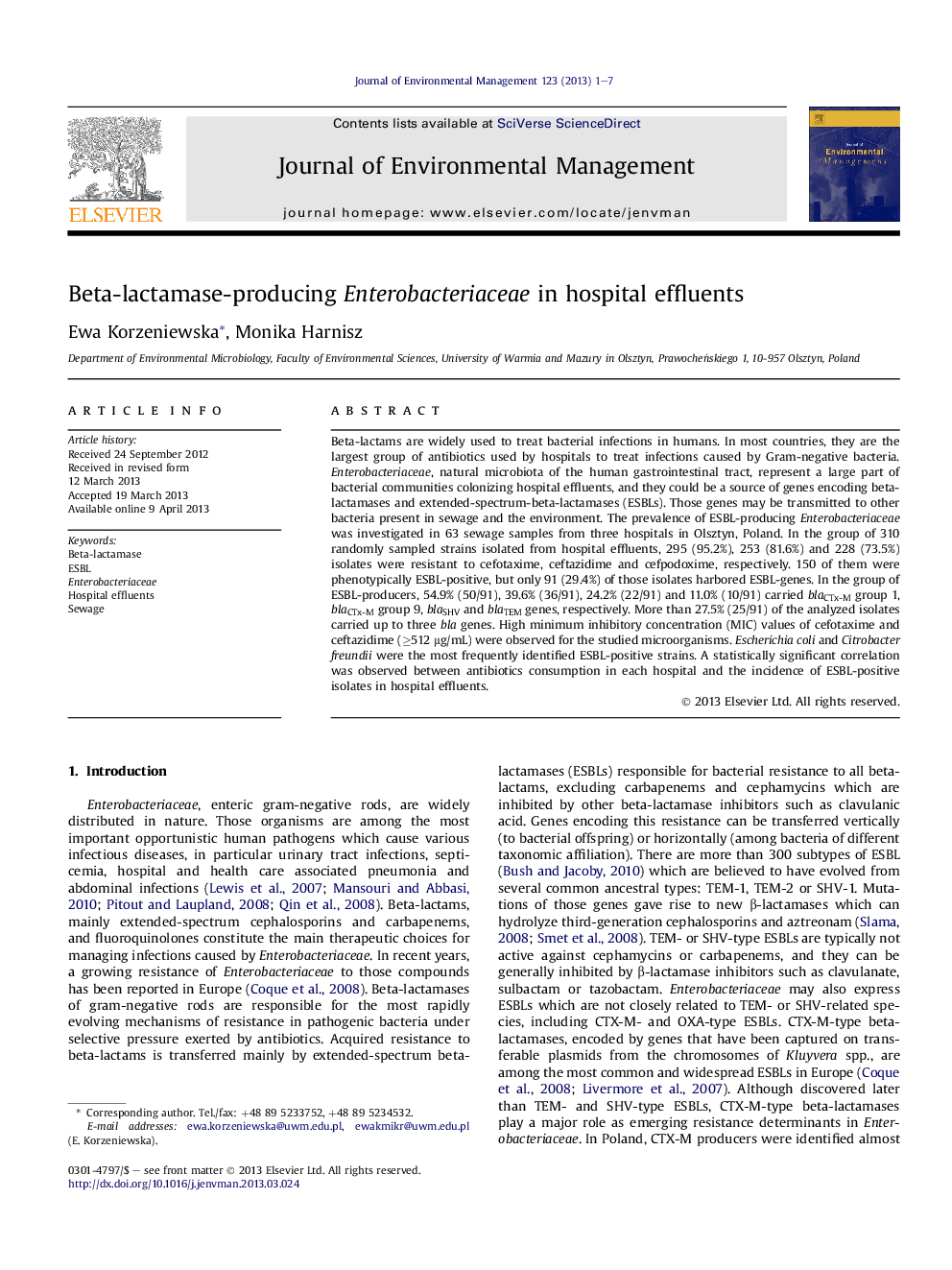 Beta-lactamase-producing Enterobacteriaceae in hospital effluents