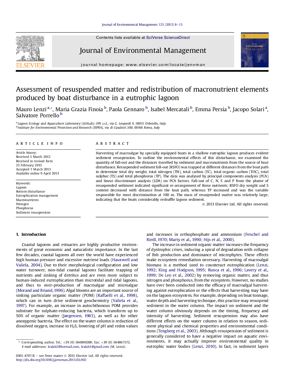 Assessment of resuspended matter and redistribution of macronutrient elements produced by boat disturbance in a eutrophic lagoon