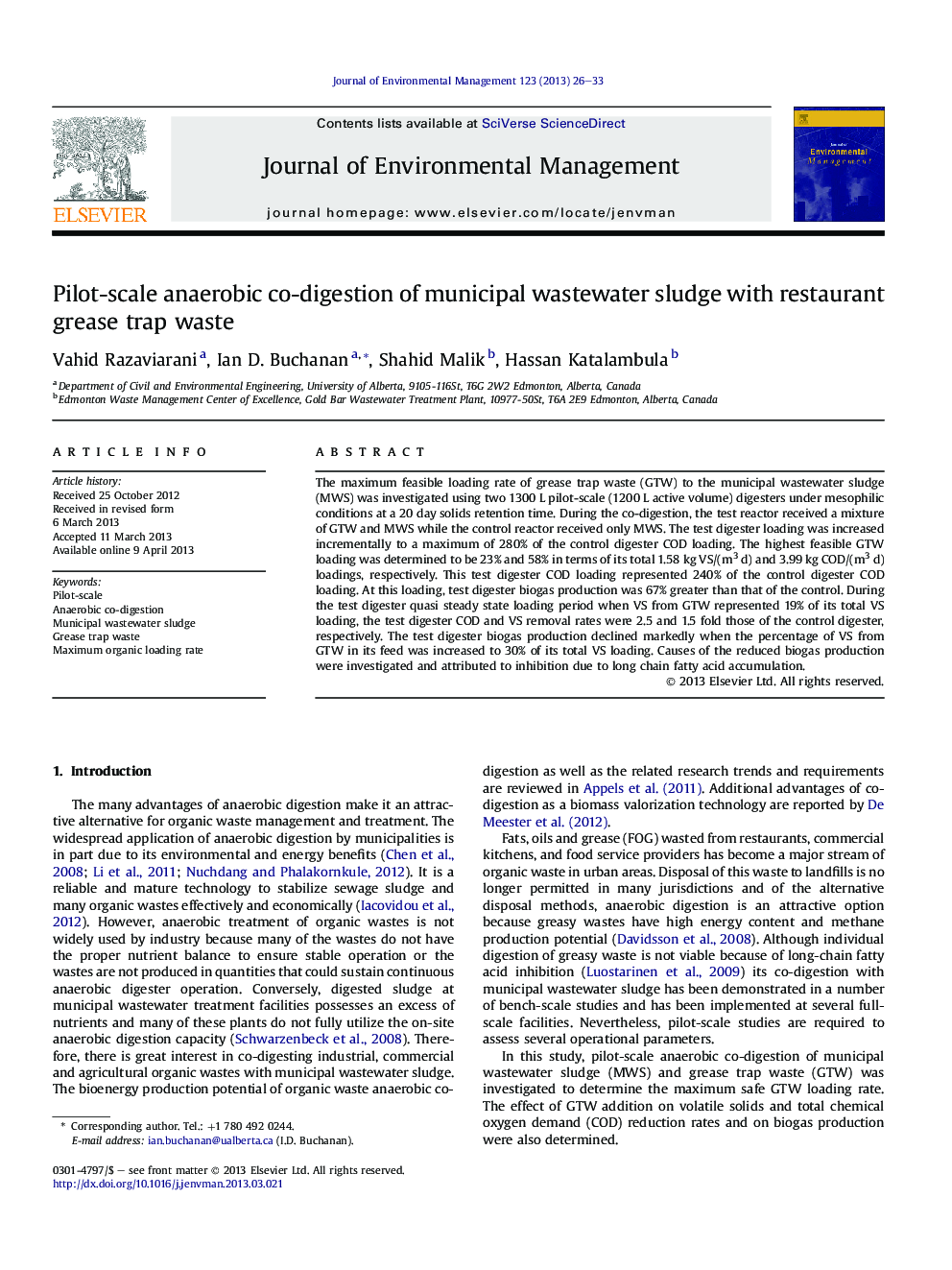 Pilot-scale anaerobic co-digestion of municipal wastewater sludge with restaurant grease trap waste