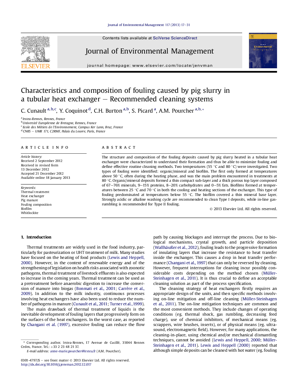 Characteristics and composition of fouling caused by pig slurry in a tubular heat exchanger – Recommended cleaning systems