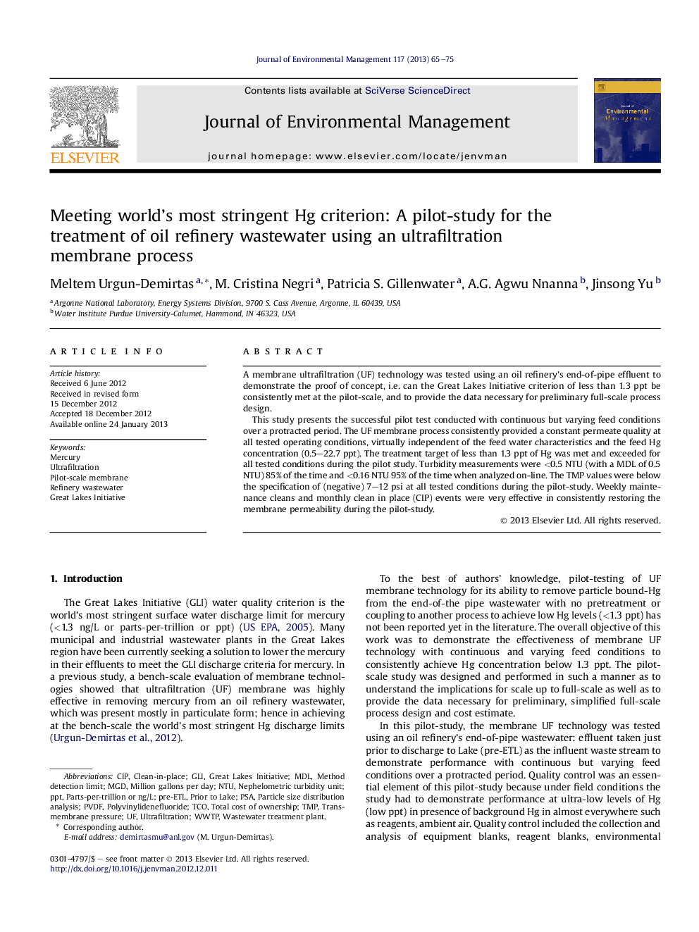 Meeting world's most stringent Hg criterion: A pilot-study for the treatment of oil refinery wastewater using an ultrafiltration membrane process