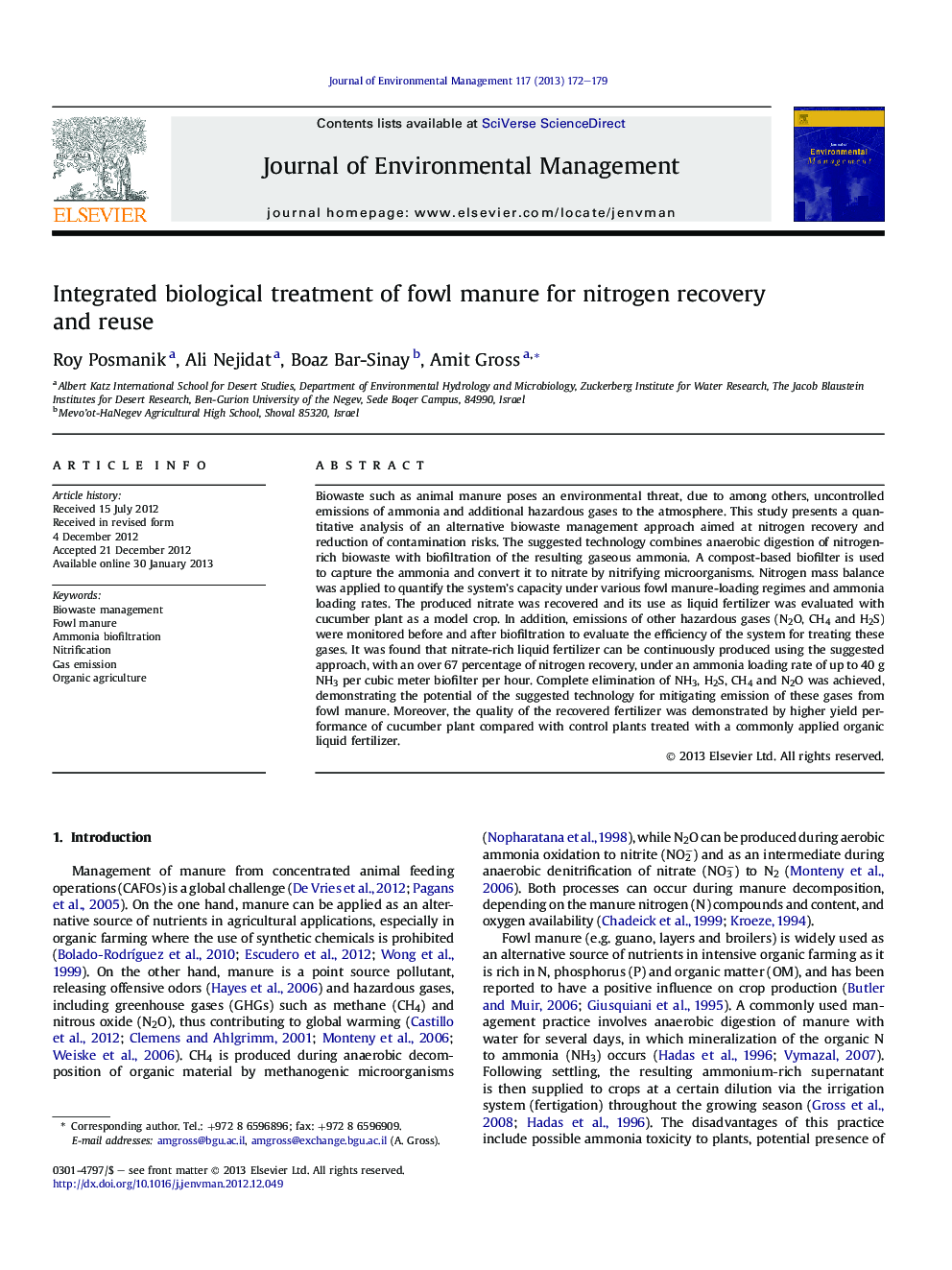 Integrated biological treatment of fowl manure for nitrogen recovery and reuse