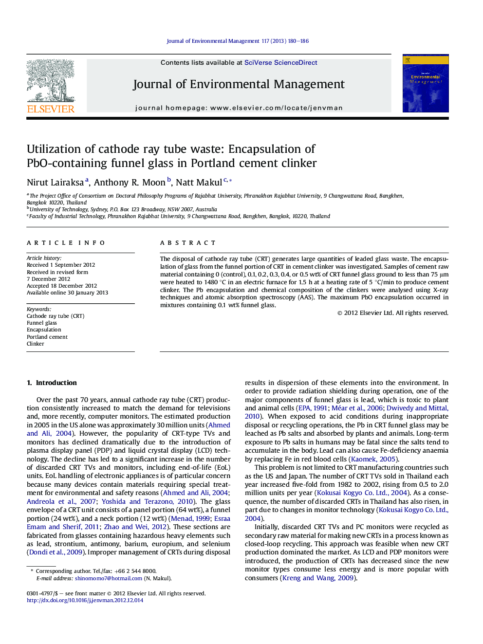 Utilization of cathode ray tube waste: Encapsulation of PbO-containing funnel glass in Portland cement clinker