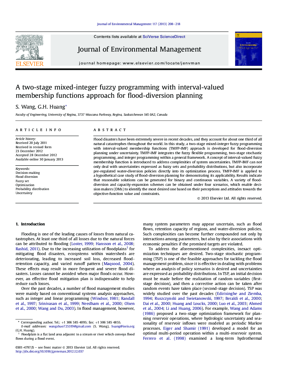 A two-stage mixed-integer fuzzy programming with interval-valued membership functions approach for flood-diversion planning