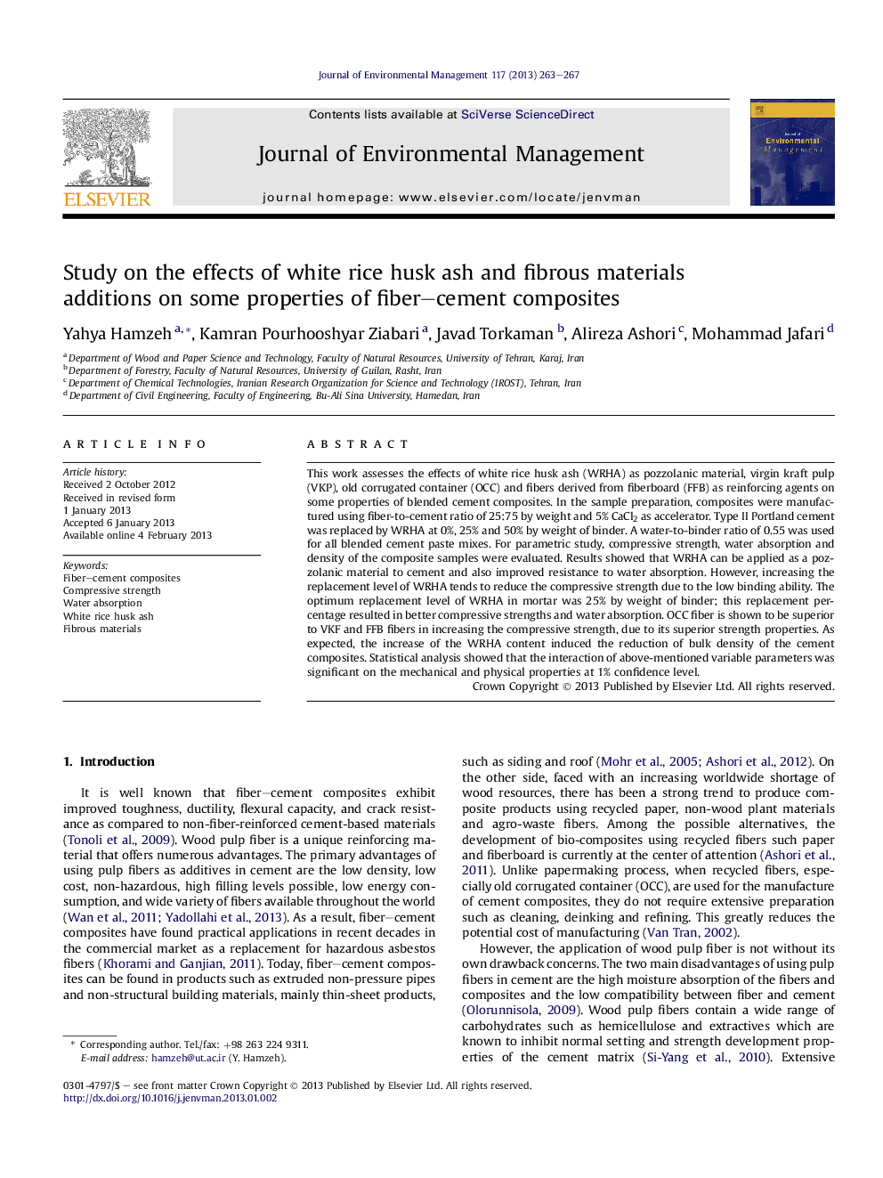 Study on the effects of white rice husk ash and fibrous materials additions on some properties of fiber–cement composites